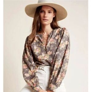 Anthropologie Michaela Peasant Blouse Taupe Floral Long Sleeve Button Front Sz S